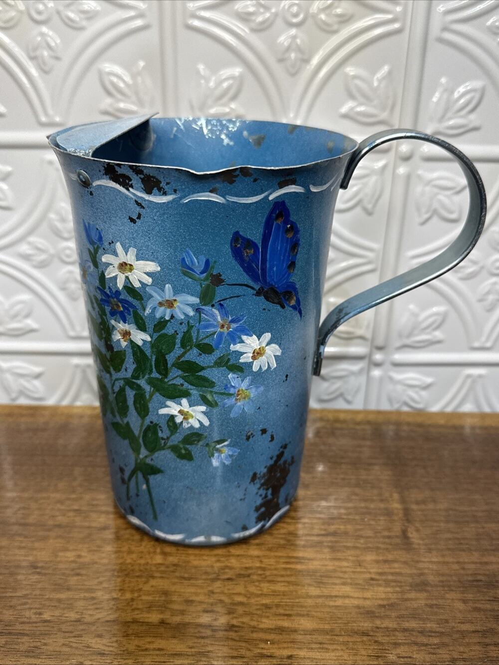 Antique French Italy Metal Enamel Pitcher Hand painted blue/green & white floral